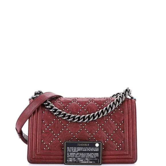 Chanel Boy Flap Bag Studded Quilted Distressed Calfskin Old Medium Red - Picture 2 of 7